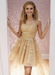 Champagne Lace Homecoming Dress Short | A-Line rom Dress with Spaghetti Straps