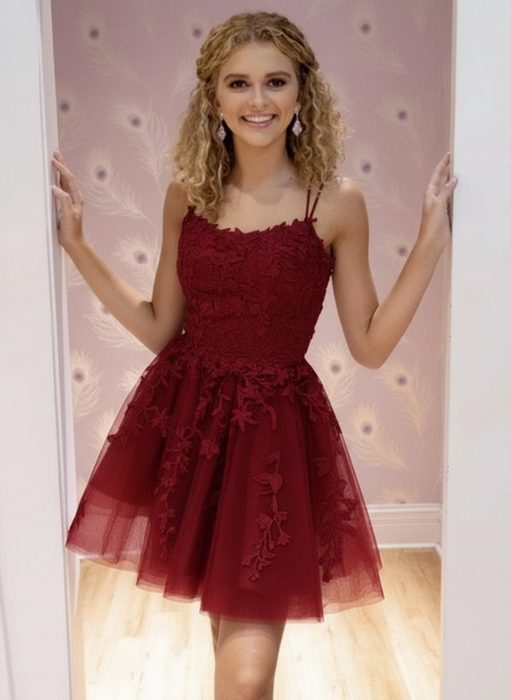 Burgundy Lace Homecoming Dress Short | A-Line rom Dress with Spaghetti Straps