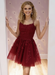 Burgundy Lace Homecoming Dress Short | A-Line rom Dress with Spaghetti Straps