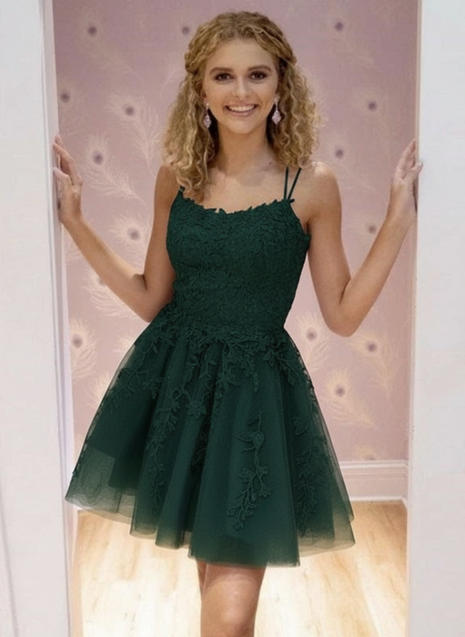 Dark Green Lace Homecoming Dress Short | A-Line Prom Dress with Spaghetti Straps