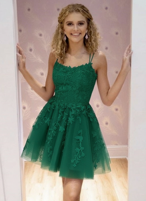 Emarald Green Lace Homecoming Dress Short | A-Line rom Dress with Spaghetti Straps