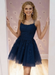 Navy Lace Homecoming Dress Short | A-Line rom Dress with Spaghetti Straps
