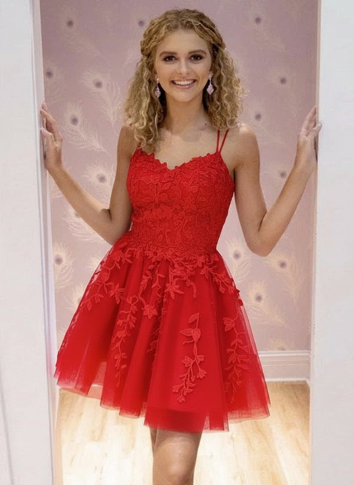 Red Lace Homecoming Dress Short | A-Line rom Dress with Spaghetti Straps