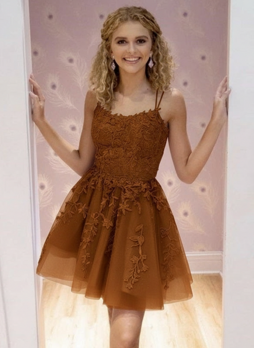 Brown Lace Homecoming Dress Short | A-Line rom Dress with Spaghetti Straps