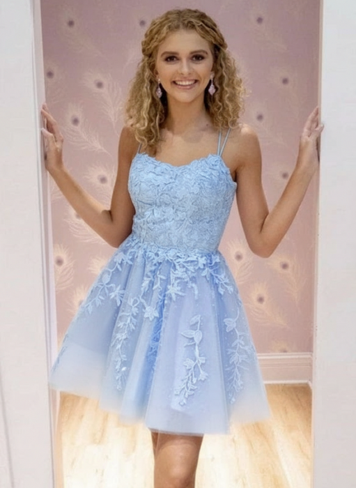 Sky Blue Lace Homecoming Dress Short | A-Line rom Dress with Spaghetti Straps