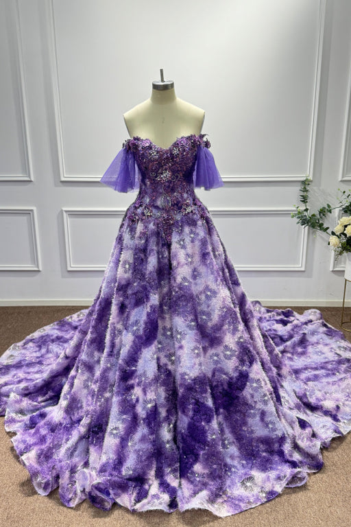 Purple Off the Shoulder Sequins A-Line Prom Dress with Appliques - Prom Dresses