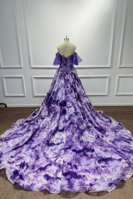 Purple Off the Shoulder Sequins A-Line Prom Dress with Appliques - Prom Dresses