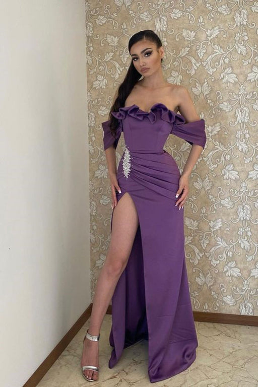 Purple Prom Dress with Off-the-Shoulder Design and Split