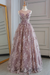 Purple Sheer Neck Tulle Lace Prom Dresses Aline with Appliques