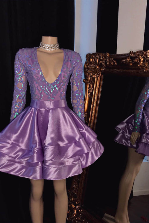 Purple Short Prom Dress with Long Sleeves V-Neck and Appliques