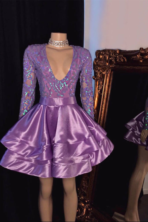 Purple Short Prom Dress with Long Sleeves V-Neck and Appliques