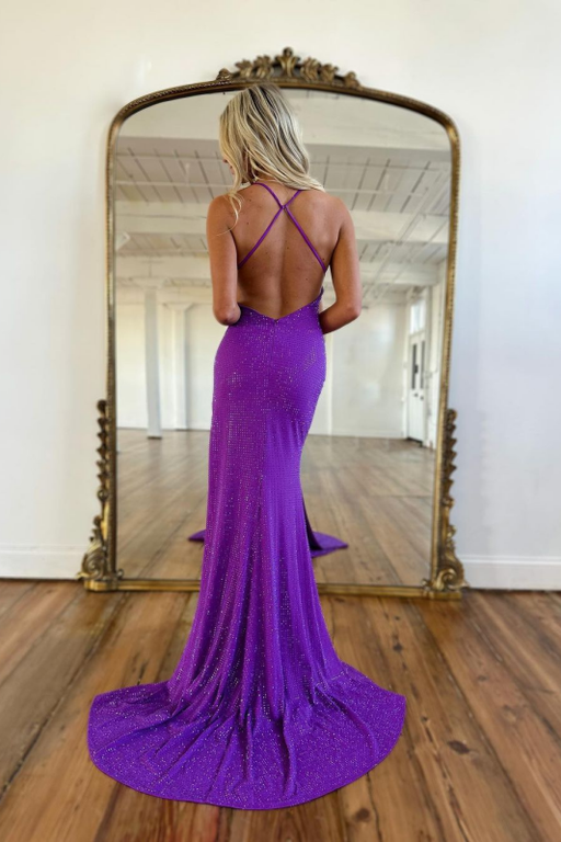 Purple Sleeveless Backless Split Long Sequins Prom Dress