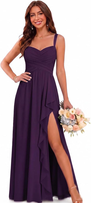 Women's Chiffon Bridesmaid Dresses Long Evening Formal Gown with Slit - Purple
