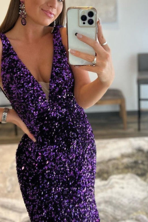 Purple V-Neck Long Mermaid Prom Dress Featuring Sequins
