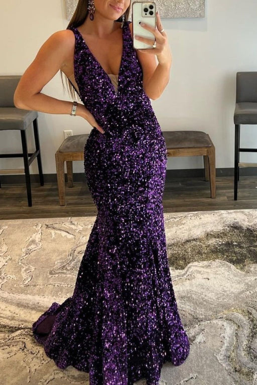 Purple V-Neck Long Mermaid Prom Dress Featuring Sequins