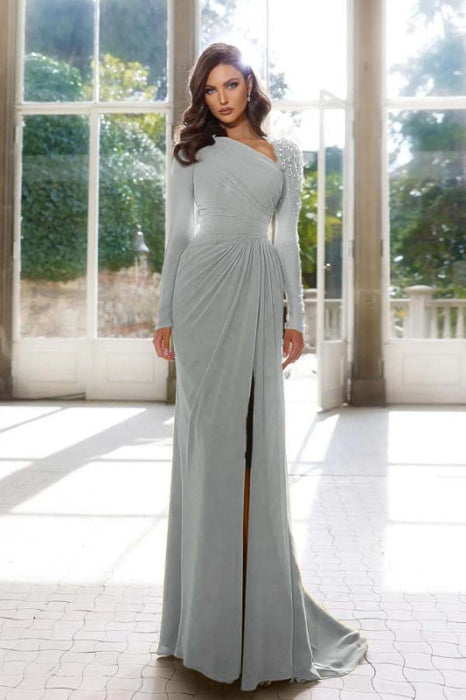 Radiant Asymmetric Pleated Slit Prom Gown with Long Sleeves - Prom Dresses