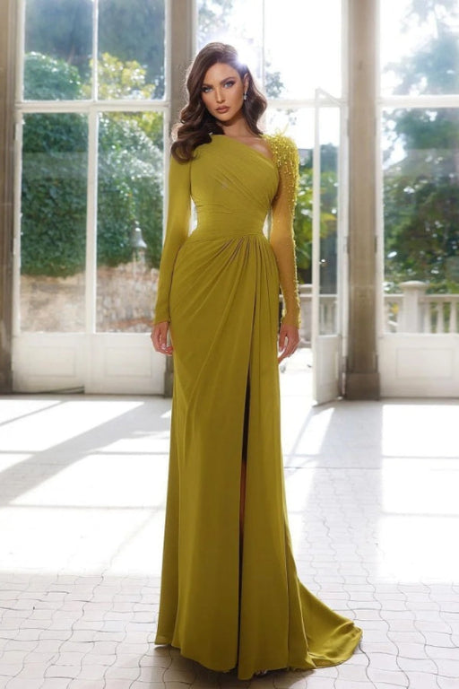 Radiant Asymmetric Pleated Slit Prom Gown with Long Sleeves