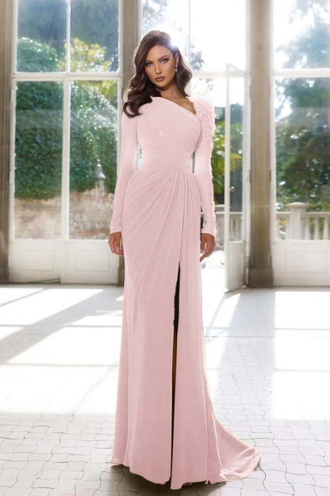 Radiant Asymmetric Pleated Slit Prom Gown with Long Sleeves - Prom Dresses