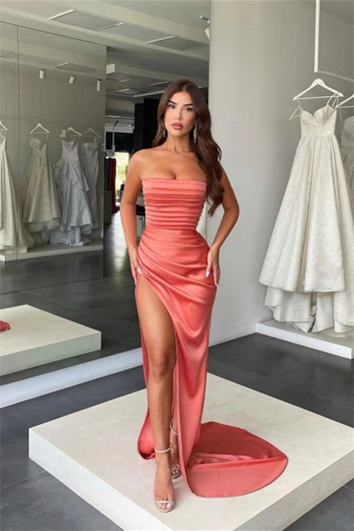 Radiant Coral Mermaid Prom Gown with Stunning Strapless Design and Elegant Split Pleats