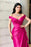 Radiant Fuchsia Off-The-Shoulder Prom Dress with V-Neck and Elegant Pleated Split