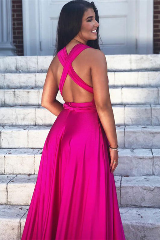Radiant Fuchsia V-Neck A-Line Prom Gown with Dramatic Split