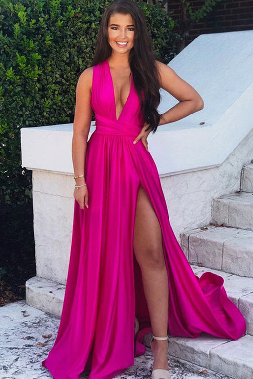 Radiant Fuchsia V-Neck A-Line Prom Gown with Dramatic Split