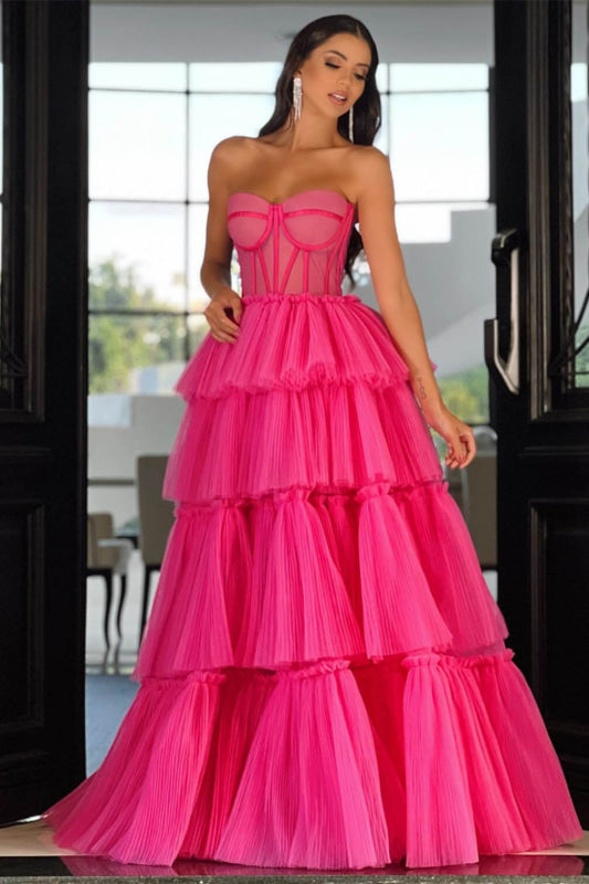 Radiant Hot Pink Sweetheart Prom Gown with Flowing Layers