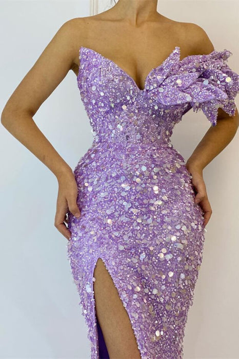 Radiant Lilac Mermaid Prom Dress with V-Neckline and Sparkling Sequin Detailing