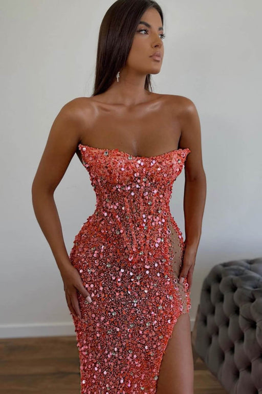 Radiant Orange Sequin Mermaid Prom Gown with Sweetheart Neckline and Thigh-High Split