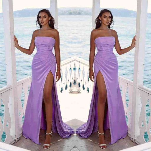 Radiant Orchid Strapless Evening Gown with Slit and Pleats