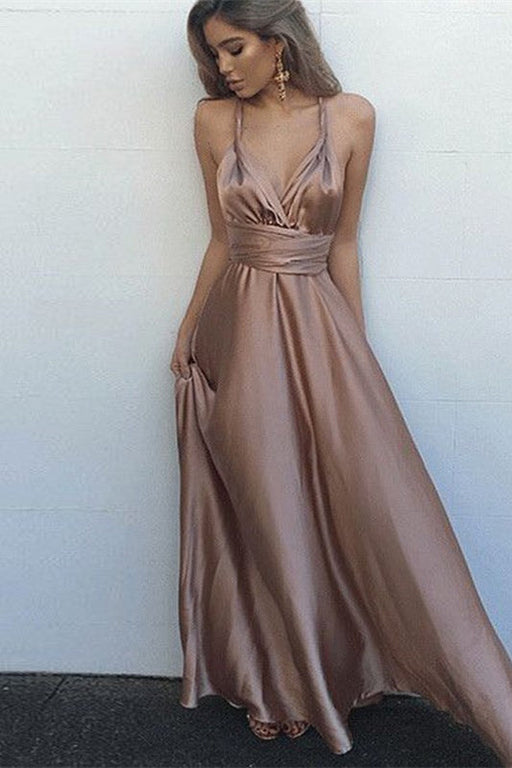 Radiant Rose Gold V-Neck Prom Gown with Spaghetti Straps