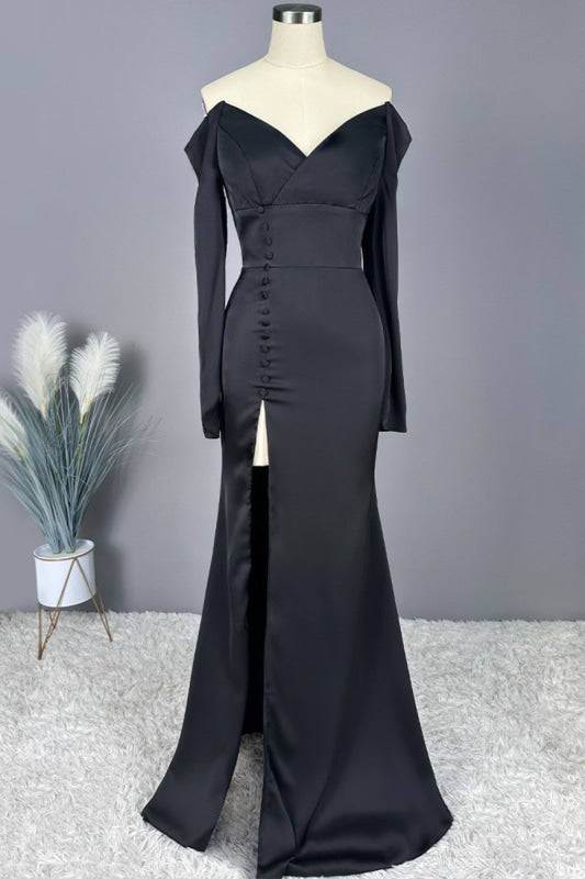 Glamorous Black Off-the-Shoulder Prom Dresses with Long Sleeves and Slit