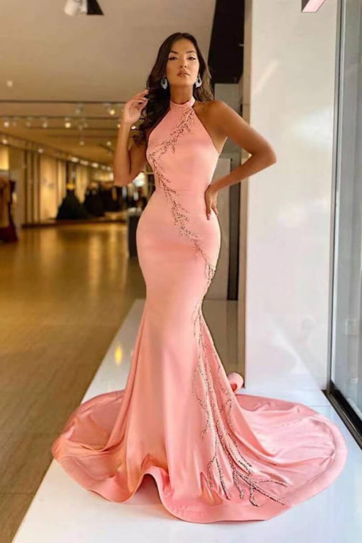 Ravishing Pink Mermaid Prom Gown with Exquisite High Neck Applique