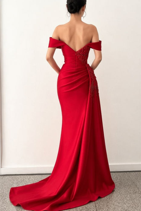 Ravishing Off-the-Shoulder Red Mermaid Prom Gown with Beaded
