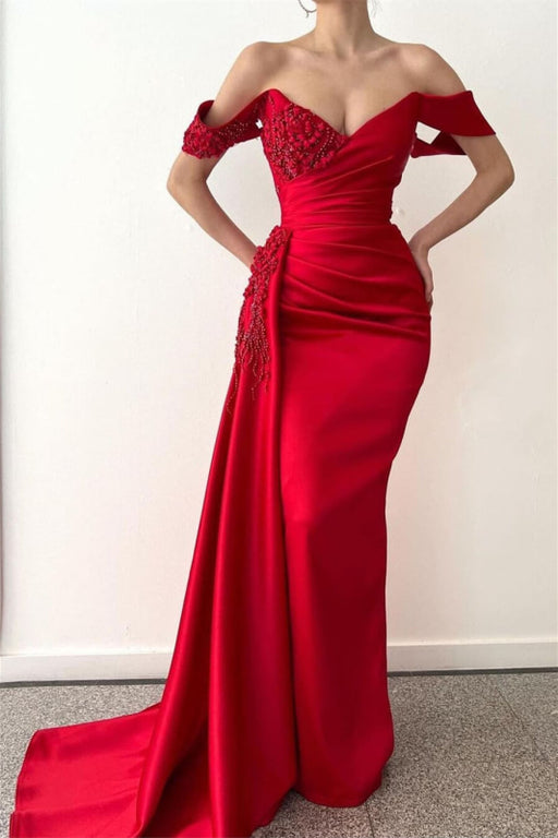 Ravishing Red Mermaid Prom Gown with Beaded Details and Flirty Off-Shoulder Style