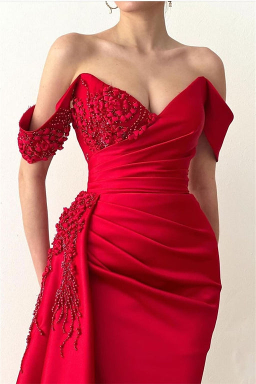 Ravishing Red Mermaid Prom Gown with Beaded Details and Flirty Off-Shoulder Style