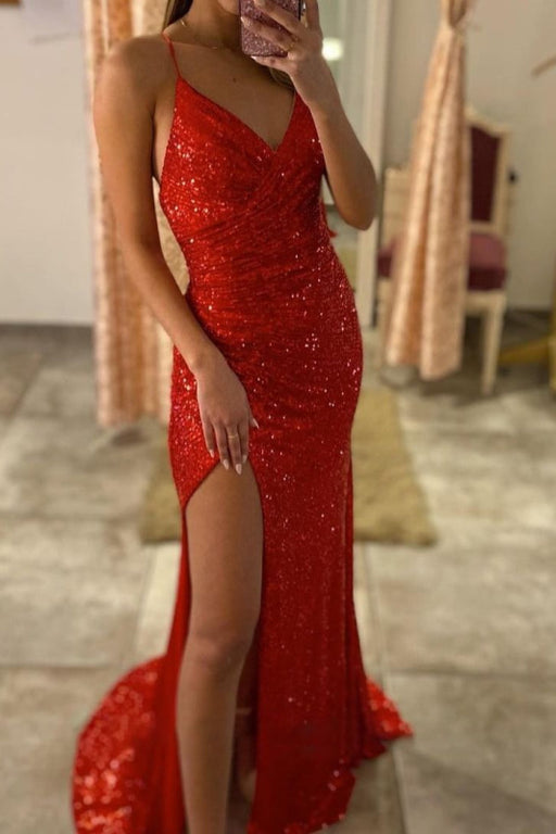 Ravishing Red Sequin Split Evening Gown with Spaghetti Straps