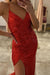 Ravishing Red Sequin Split Evening Gown with Spaghetti Straps