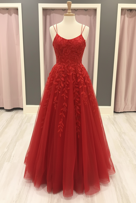 Red A Line Lace Long Prom Dresses