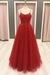 Red A Line Lace Long Prom Dresses