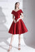 Red A-Line V-Neck Knee-Length Short Sleeves Pleated Satin Cocktail Dress 