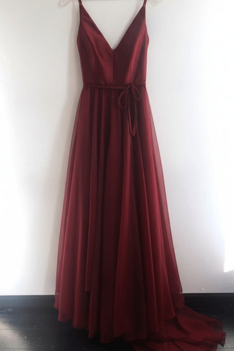 Red A Line V Neck Spaghetti Straps Tulle Prom Dresses