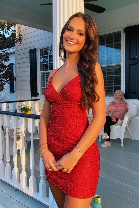 Red Sparkly Beaded Spaghetti Straps Tight Short Homecoming Dress