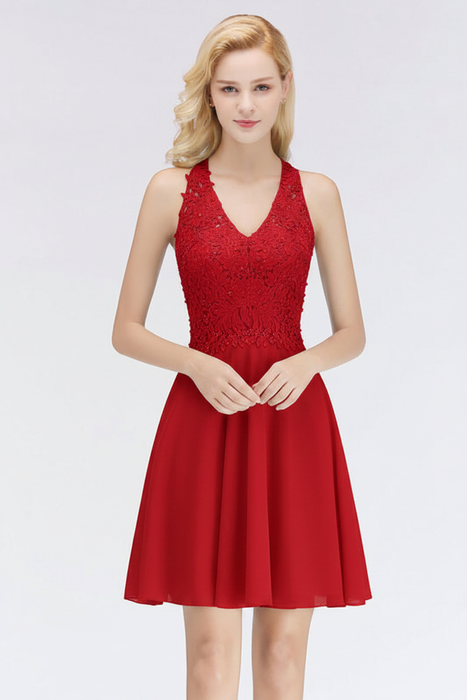 Red V-Neck Short Lace Bridesmaid Dress