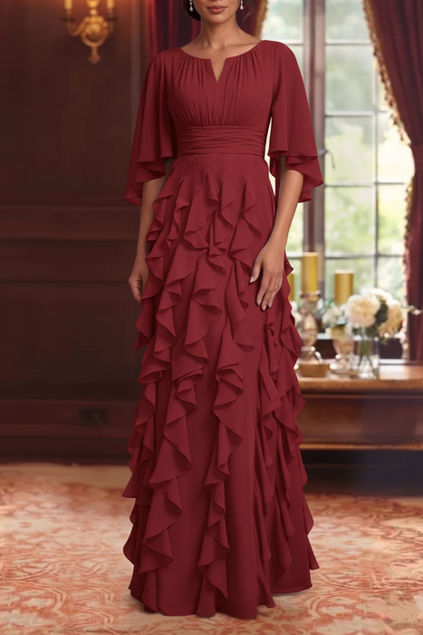 Red Chiffon Mother of the Bride Dress Flutter Sleeves with Cascading Ruffles