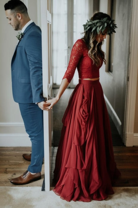 Ivory Chiffon Rustic 3/4 Sleeves Two Piece Wedding Dress