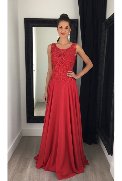 Red Chiffon A-Line Prom Dress Scoop Neck with Lace Appliques