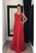Red Chiffon A-Line Prom Dress Scoop Neck with Lace Appliques