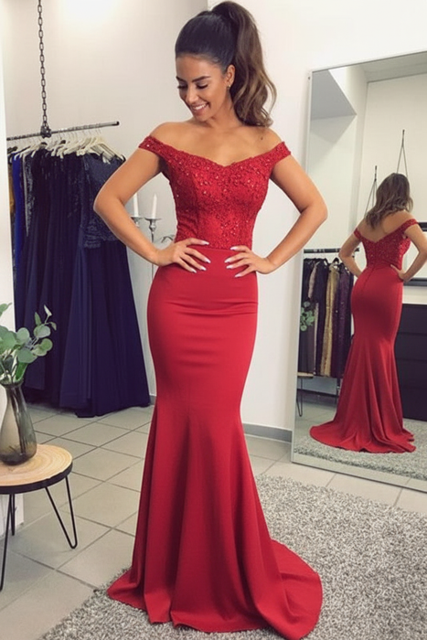 Red Elegant Off-the-Shoulder Mermaid Lace Beadings Long Evening Dress - Prom Dresses