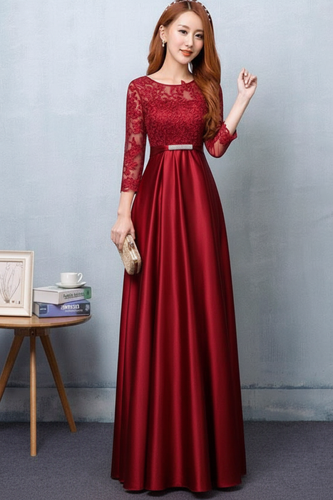 Red Evening Dress Satin Prom Dress Lace Applique Wedding Guest Dresses Sash A Line Maxi Mother's Dress wedding guest dress